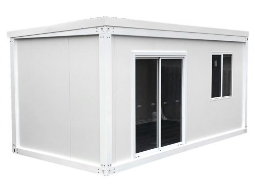 Flatcuby 6m x 3m portable building with sliding window and door, pitched roof, surfmist color.